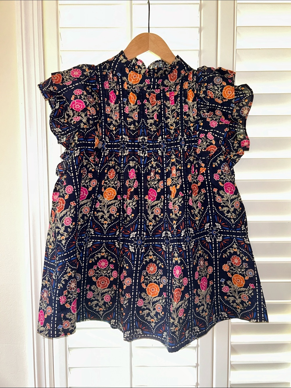Navy Floral Smocked Flutter Sleeve Top
